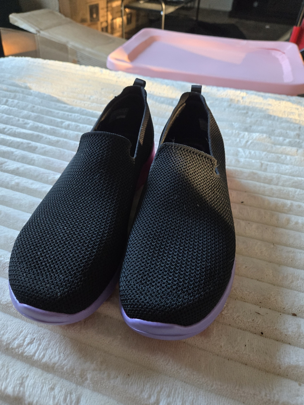 Black Slip-On Women's Sneakers with Purple Accents